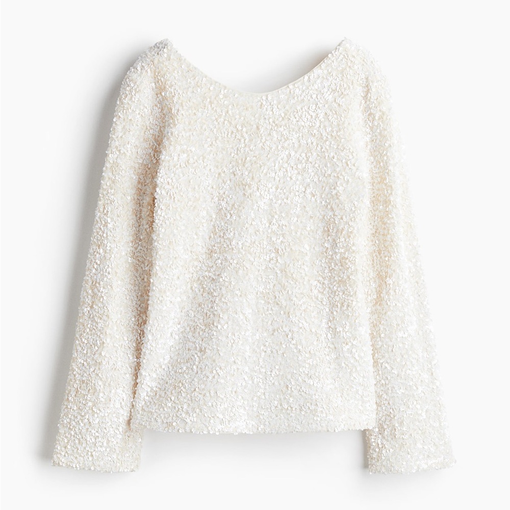 H&M Cream Sequin Textured Blouse Sz Large Back V neck Long Sleeve Party Top